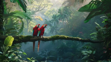 Wall Mural - Scarlet Macaws Perched in Lush Rainforest