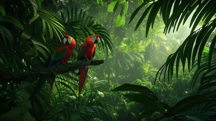 Wall Mural - Scarlet Macaws Perched in Lush Rainforest