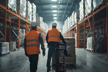 Two warehouse workers from behind moving a laden pallet jack. Industrial warehouse interior background