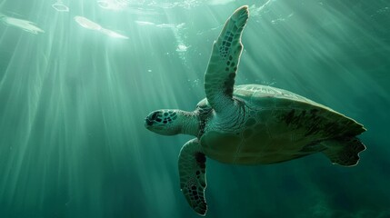 Wall Mural - Sea Turtle Swimming in Sunlit Waters