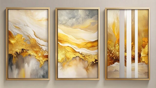 Abstract art print set featuring golden hues