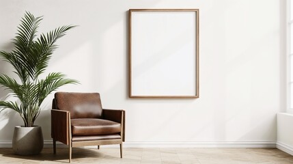 Wall Mural - Minimalist interior with a leather armchair, potted plant, and empty wooden frame on a white wall with natural light.