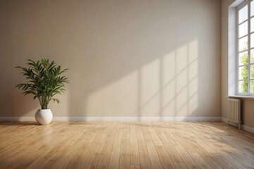 Room interior empty space background mock up, sunlight and shadows room walls, cozy summer warm room with sunlight and leafs shadows and wooden blank parquet floor