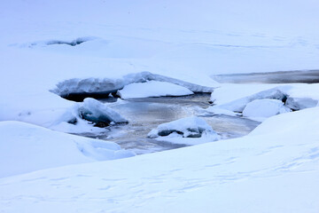 Poster - the snow covers the ground with snow near a small stream