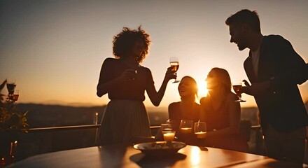 Wall Mural - Friends enjoying a party on a rooftop at sunset.