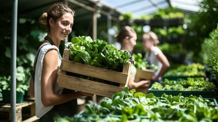 Sticker - Woman carrying a wooden crate of fresh green vegetables in a greenhouse with other workers in the background.