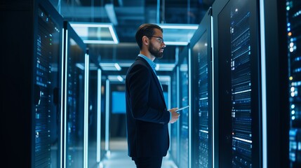 Wall Mural - an administrator stands in a room with many computer servers