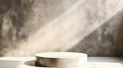 Poster - Minimalist scene with a round podium against a textured concrete wall under natural light with shadows.