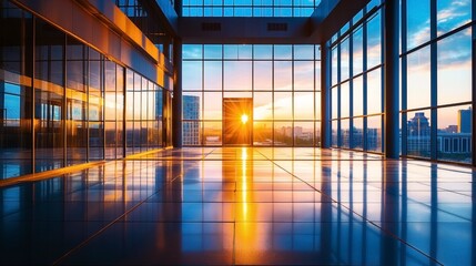 Poster - Modern empty office space with large glass windows reflecting the sunset, offering a panoramic city view.