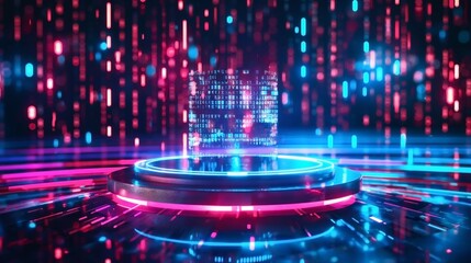 Futuristic holographic interface with binary code data, glowing blue and red lights, representing digital technology and virtual reality.
