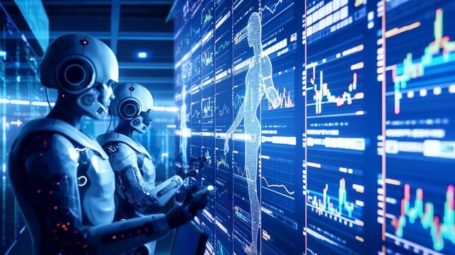 Robots analyzing data on digital screens in a futuristic control room focused on artificial intelligence and technology.