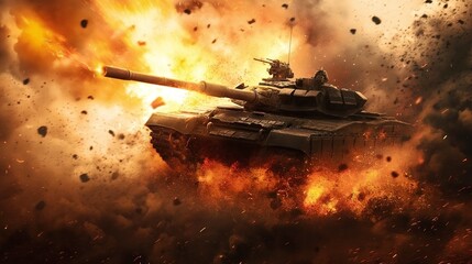 A battle tank firing amid explosions and flying debris, showcasing the intense combat environment with fiery background and smoke.