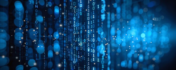 Abstract digital tech background with binary, light neon and circuit concept. Perfect for artificial intelligence, data transfer, cyber, encryption, neural network.