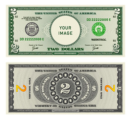 Sticker - Vector highly detailed fictional beautiful 2 US dollar banknote. Obverse and reverse of American bill with guilloche patterns. Empty circle in center. Sample, your image. Two dollars.