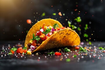 Wall Mural - fresh hot taco with flying ingredients isolated on black background, hot ready to serve and eat banner with copy space empty area - Generative AI