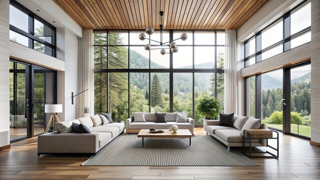 Minimalist living room with expansive windows, elevated ceilings and sleek white palette with black and natural wood accents , Serene, Minimalism, Spacious, Living Room