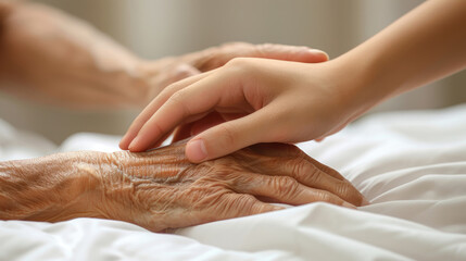 closeup of loving couple holding hands while sick , hand of young woman touching old woman in hospit