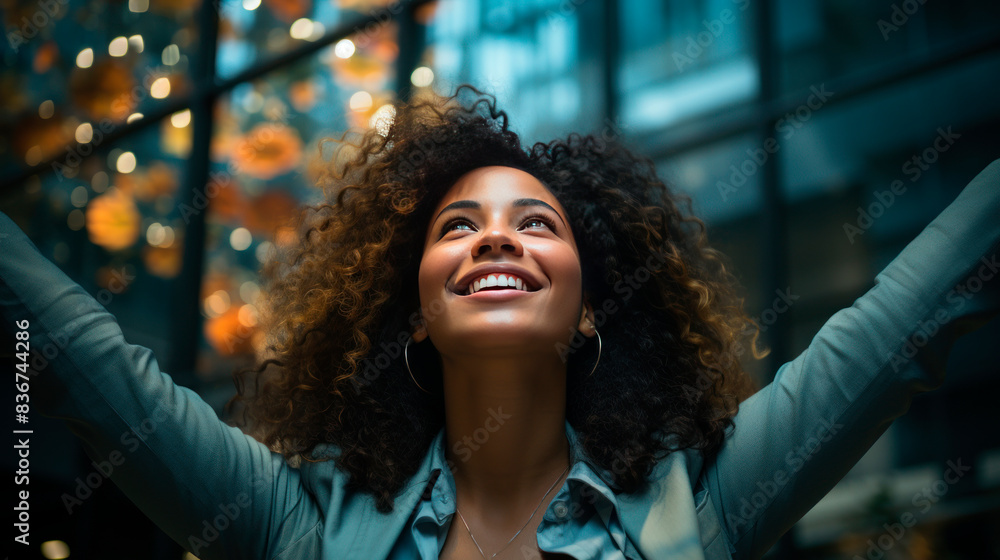 African American woman with arms raised celebrating her success Stock ...