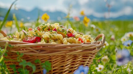 Wall Mural - AI generated illustration of a dish of vibrant homemade pasta salad within a picnic basket