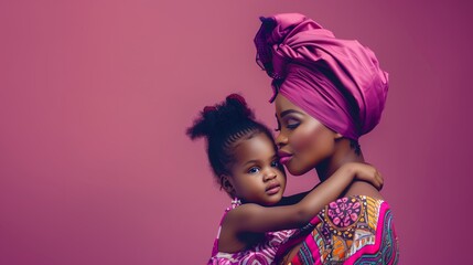 An African mother and her young daughter dressed in vibrant traditional clothing share a tender moment against purple background.