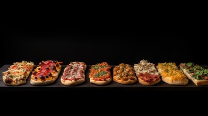 Wall Mural - Various pizzas in a row, on a black background. Traditional Italian cuisine. AI generated.