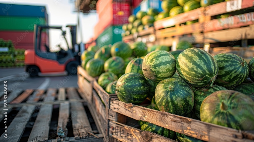 Watermelon Pack Line Packed crates of watermelons on a loading dock, with shipping ...