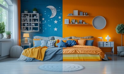 split comparison view of different old vs new renovated kids bedroom, day vs night timeline or changing and switching homes concepts as wide banner - Generative AI