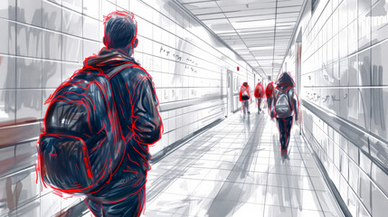 Wall Mural - abstract background of a corridor with dynamic lines and people walking