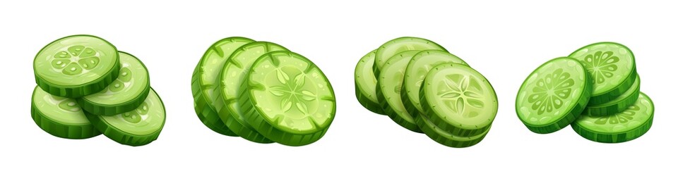 Wall Mural - Hand-drawn cartoon illustration of sliced cucumber, highlighting its freshness and nutritional value isolated on transparent background cutout png