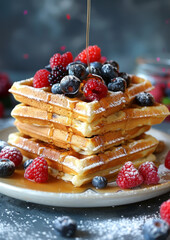 Wall Mural - A plate piled high with fluffy waffle and fresh blueberries, a delicious breakfast treat bursting with sweet berry flavor