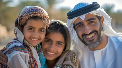 Bahraini family. Bahrain. Families of the World. A smiling man in traditional Arab attire posing with two young girls in ethnic dresses against an outdoor backdrop.. #fotw