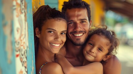 Wall Mural - Brazilian family. Brazil. Families of the World. A happy family with a smiling mother, father, and child embracing each other with warmth and joy on a sunny day. . #fotw