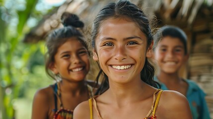 Wall Mural - Columbian family. Columbia. Families of the World. Three smiling children enjoying a sunny day outdoors, showcasing happiness and friendship. . #fotw