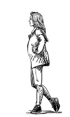 Canvas Print - Young woman with long flowing hair in a jacket and tight pants, standing with arms akimbo with one foot on the toe like a dancer, Side view, Vector sketch, Hand drawn illustration