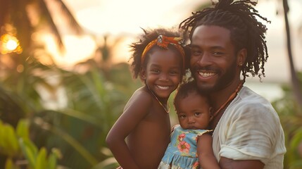 Jamaican family. Jamaica. Families of the World. A happy father smiles with his two young daughters against a soft sunset backdrop, evoking warmth and family joy.. #fotw