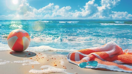 Vibrant Beach Scene with Beach Ball, Sunglasses, and Towel on Sandy Shore with Gentle Waves - Summer Vacation Concept