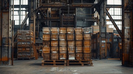 Packed salt crates organized on a wooden pallet, in a gritty, industrial setting with steel beams