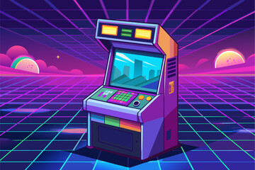 Leinwandbilder - old arcade machine with a retro style screen, Vaporwave arcade cabinet with a holographic game screen and neon joystick buttons