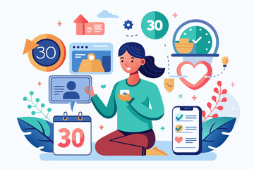 Poster - a woman sitting on the ground with a phone and a calendar, Taking a social media detox improves mental well-being and real-life interactions
