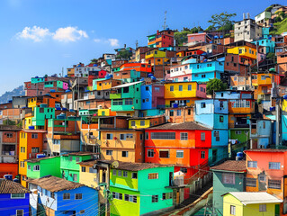 colorful buildings stacked on the hillside of a brazilian favela in vibrant hues and patterns.