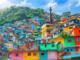 vibrant rio de janeiro favela with colorful buildings nestled on a hillside in brazil.