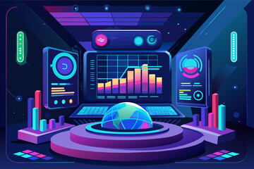 Aufkleber - a laptop computer sitting on top of a desk, Futuristic vector design holographic presentation screen displaying interactive data and charts