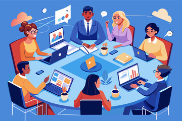 Wall Mural - a group of people sitting around a table with laptops, Dynamic vector artworkconference room table surrounded by diverse team members connected virtually on laptops