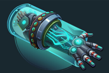 Fototapete - a futuristic hand with a glowing light coming out of it, a futuristic hand with a glowing arm, Biopunk arm implant with a metallic housing and glowing bioluminescent