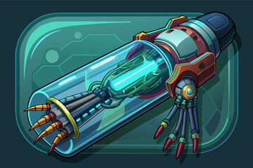 Fototapete - a futuristic hand with a glowing light coming out of it, a futuristic hand with a glowing arm, Biopunk arm implant with a metallic housing and glowing bioluminescent