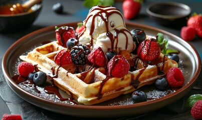 chocolate and caramel maple or honey syrup with ice cream scoop fresh baked waffles morning breakfast - Generative AI