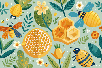 Poster - a pattern of bees and honeys, a pattern of bees and honeys, whimsical vector Illustration setreusable beeswax wraps, adorned with bee and honeycomb patterns