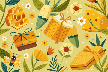 Poster - a pattern of bees and honeys, a pattern of bees and honeys, whimsical vector Illustration setreusable beeswax wraps, adorned with bee and honeycomb patterns