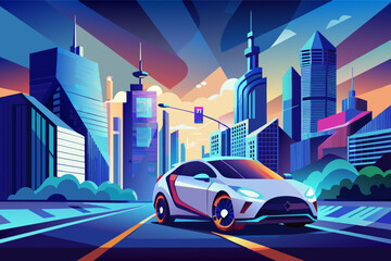 Aufkleber - a car driving down a city street with skyscrapers in the background, Futuristic vector designsleek, self-driving company car navigating a cityscape with ease