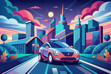 Aufkleber - a car driving down a city street with skyscrapers in the background, Futuristic vector designsleek, self-driving company car navigating a cityscape with ease